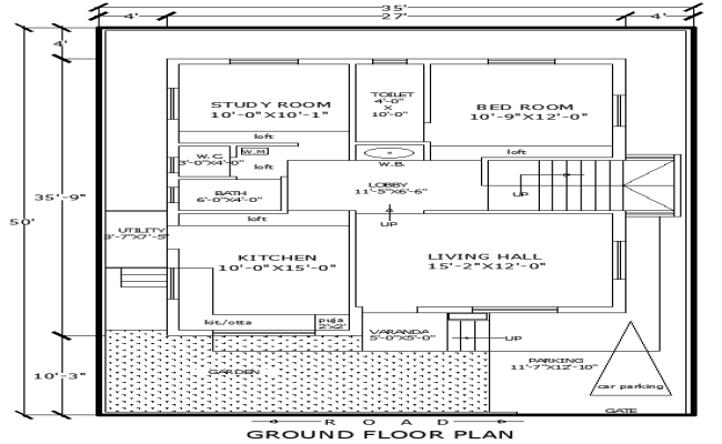 50ftx35ft 2 BHK Ground Floor Residential Plan DWG File