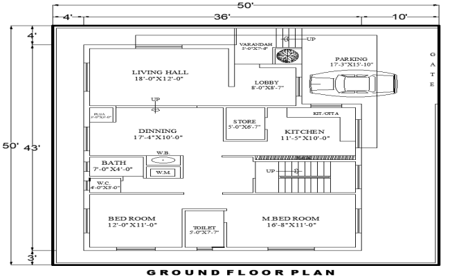50ftx50ft 3BHK House Plan with Ground Floor in AutoCAD file
