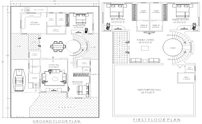 Two Floor 50ftx70ft 4BHK House Plan in AutoCAD Layout
