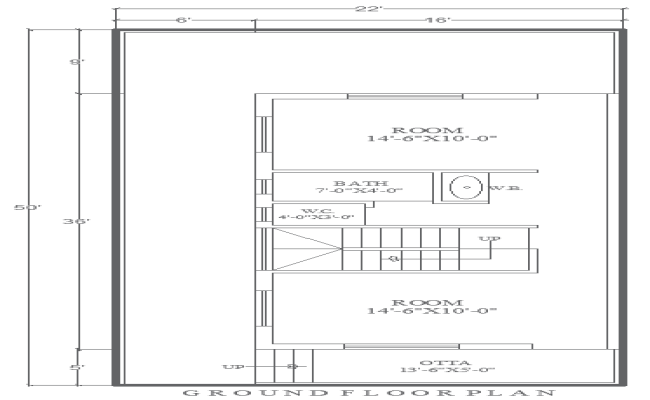 50x22Feet 2BHK Ground Floor House Plan AutoCAD DWG Layout