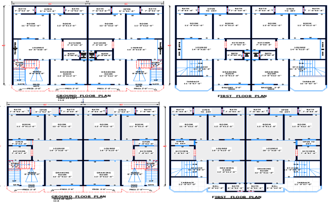 50x40 Two House Floor Plan with Shared Wall Layout in DWG File