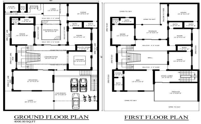 Luxury residential CAD Drawing File 50 by 80 two-storey plan