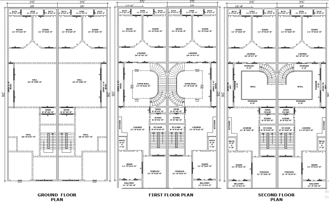 50x90 3-Storey Commercial Residential DWG Drawing Plan