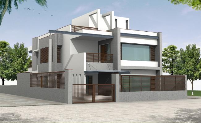 3D Modern Bungalow AutoCAD Drawing Showing Exterior Render Design