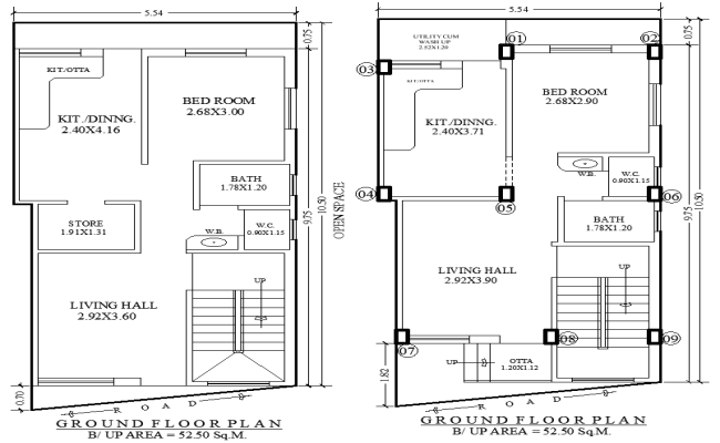 AutoCAD DWG Two Ground Plans of 5.54m×10.50m Houses