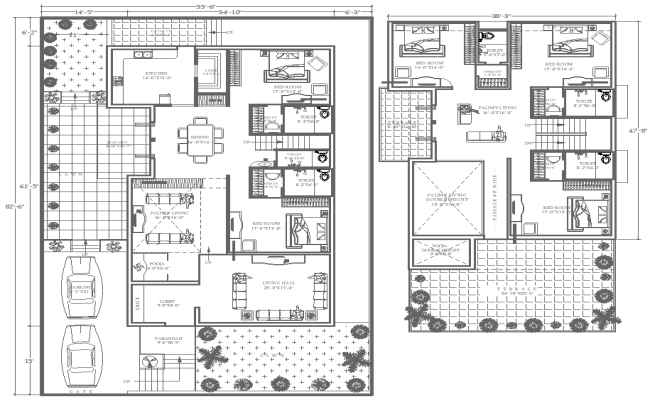 55.6ftx82.6ft 5BHK Ground Floor House Design in DWG File