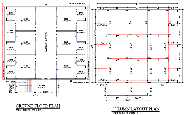 57x47 Residential Floor Plan with Column Details in DWG File