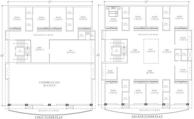 57ft x 60ft First and Second Floor Hotel Layout Design – AutoCAD DWG 