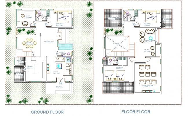 Duplex House Plan DWG with Ground and First Floor Layout Design