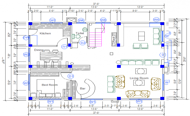 Simple House Ground Floor AutoCAD DWG with Living and Dining Plan