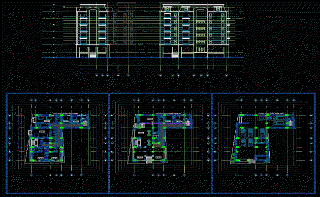 Hotel Building Layout DWG CAD File with Parking and Elevation Plans