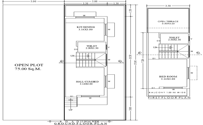 Ground and First Floor Plan 5mx15m House DWG Drawing