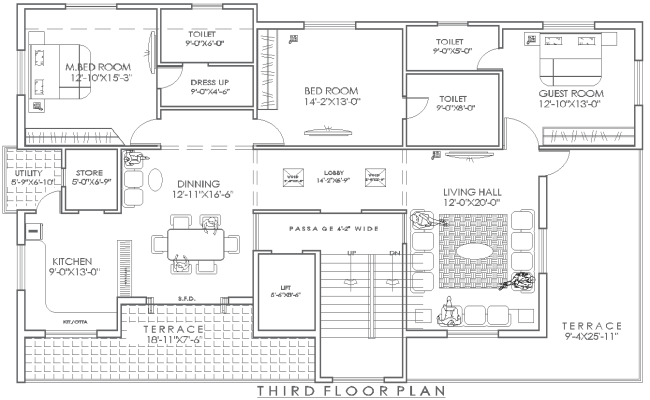 60x40 3BHK Third Floor House Plan with AutoCAD Layout