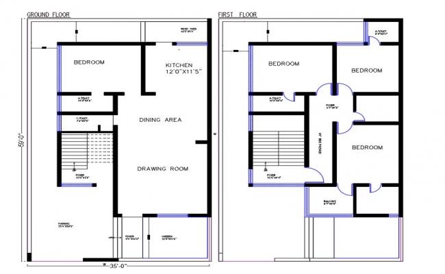 60X35 Feet House Layout Plan CAD Drawing Download DWG File