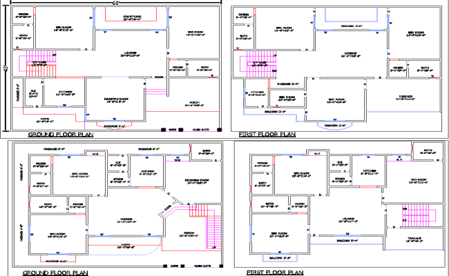 60x45 2-Storey Residential CAD Plan with Floor Layouts