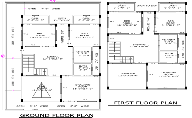 60ft×30ft Two Level House Floor Plan in DWG Drawing File