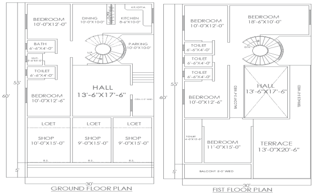 60ft x 30ft Ground and First Floor House Plan With Shop Plan Autocad DWG Download 