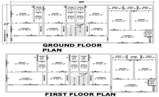 60x27 Modern 2-Storey House Plan DWG with Open-to-Sky Area