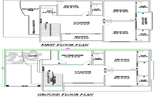 60×30 Duplex Bungalow AutoCAD File with Lawn and Balcony