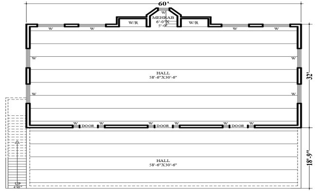 60x32 Masjid Floor Plan Showing Prayer Hall in Detailed CAD File