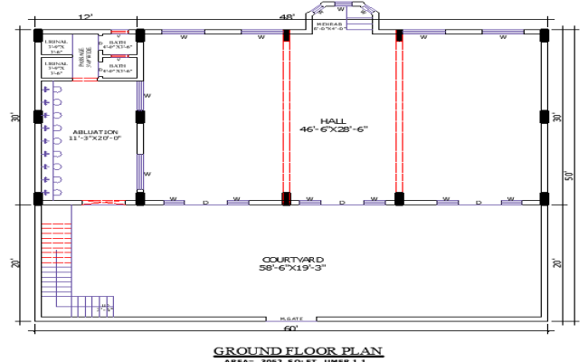 60x50 Mosque DWG Plan with Courtyard and Ablution Area