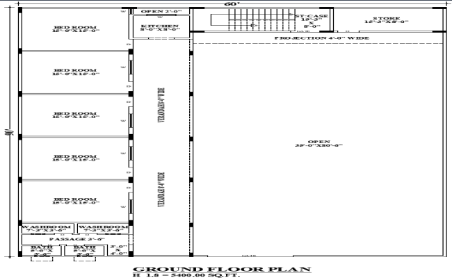 60x90 Residential House CAD Plan with Verandah and Open Area