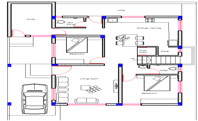 Single family residence DWG with bedrooms parking and garden layout