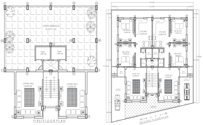 62.6ft x 72.11ft Ground and First Floor 4BHK House Plan – AutoCAD DWG File