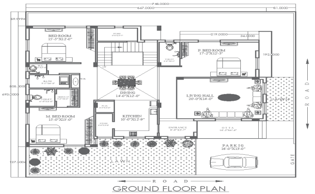 62ft×57ft 3BHK Modern House Layout Plan in DWG Format