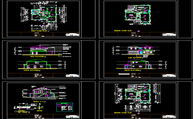 House CAD Drawing with Floor Plans, Elevations, and Sections