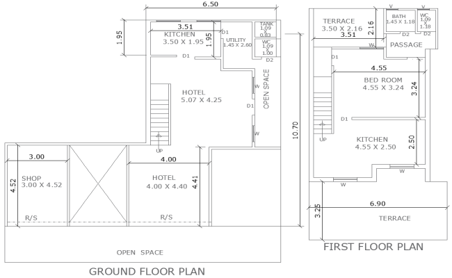 6.50m x 10.70m Simple 2-Floor Hotel and Shop Layout Plan – AutoCAD DWG File
