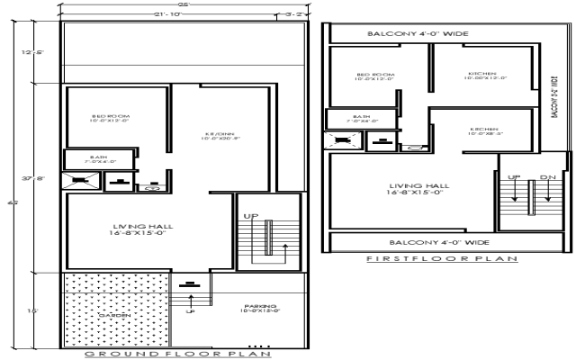 65ft x 25ft Ground and First Floor House Plan with 2BHK Plan AutoCAD DWG File 