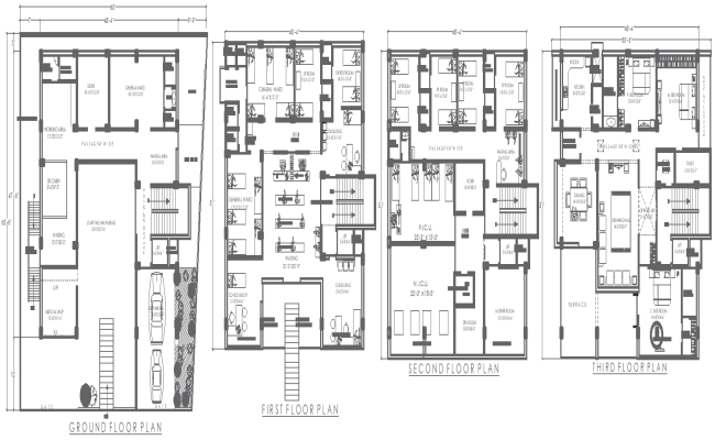 65ft x 62.6ft Ground, First, and Second Floor Hospital Layout with Third Floor 3BHK House Plan - AutoCAD DWG