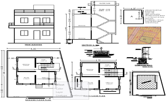 6.5mx5.79m Architectural House Design CAD Plan with Elevation Section