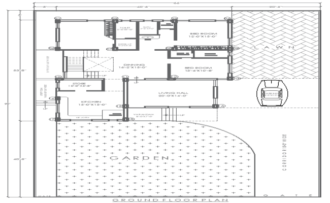 Ground Floor 2BHK Plan with Garden Layout 66ftx99ft DWG File