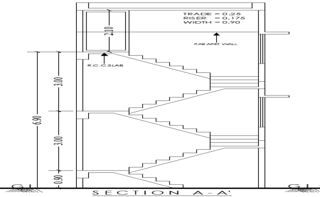 6.90m x 3.50m Stairs Section Layout with Parapet DWG File