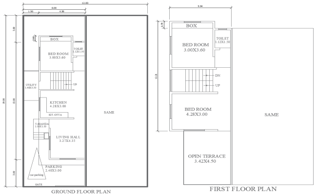 6mx19m 3BHK Ground and First Floor House Plan DWG Format