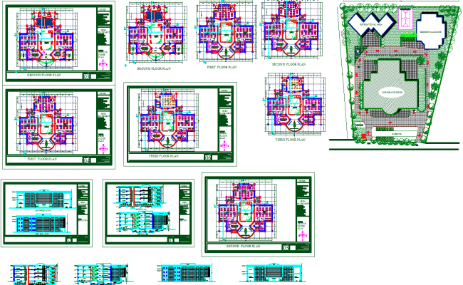Corporate office design DWG with atrium conference and parking layout