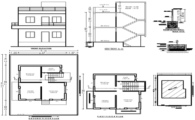 7.05m×6.37m 1 BHK House Plan with Elevations in AutoCAD File