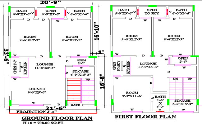708 Sq.Ft. Home Plan in DWG File with Ground and First Floor