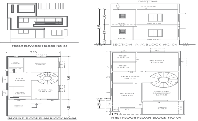 7.23mx10.89m 3BHK House Plan with Elevation and Section