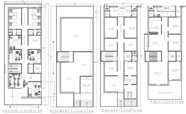 73ft x 30ft Ground Floor Hospital Layout and First Floor 3BHK House Plan - AutoCAD DWG File