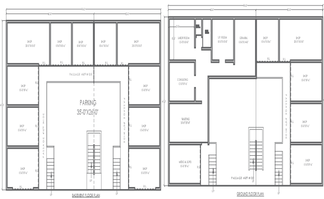 74ft x 41ft Ground Floor Hospital Plan & Basement Shop Layout | AutoCAD DWG File