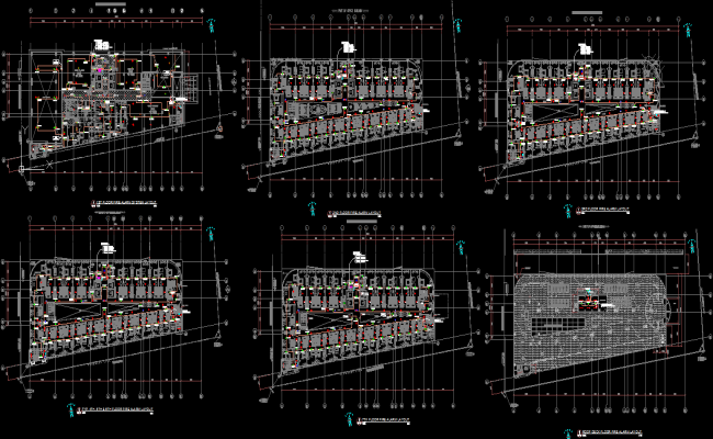 Hotel building design AutoCAD drawing with detailed floor plans