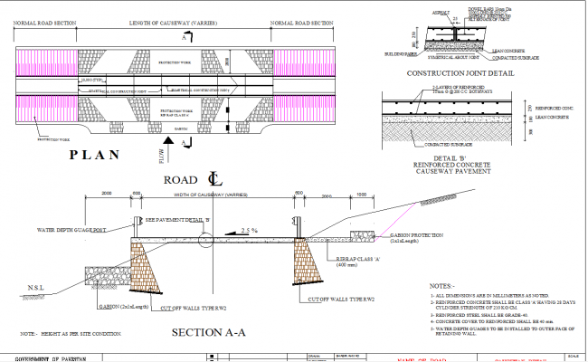 Civil engineering causeway design DWG with road layout plans