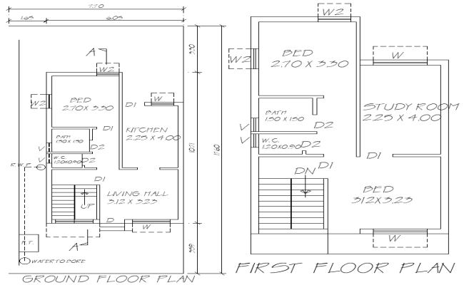7.70x17.60m Simple House Plan Ground First Floor DWG File