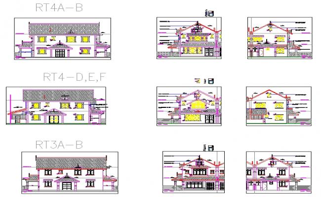 Residential facade elevation set with detailed front and side views