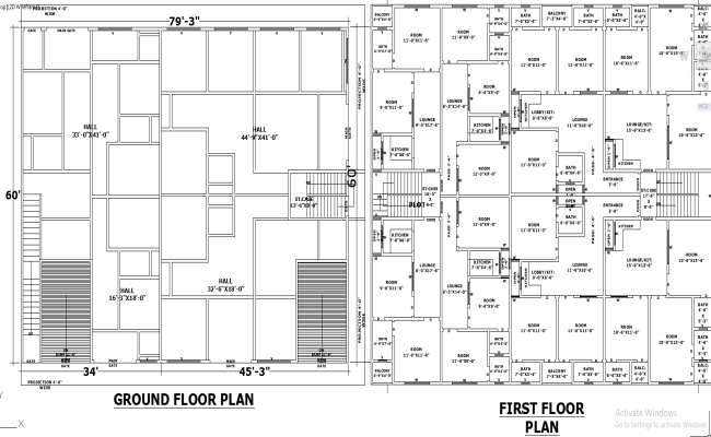 79x60 Multi-Use Hall and Residential Building DWG File Plan