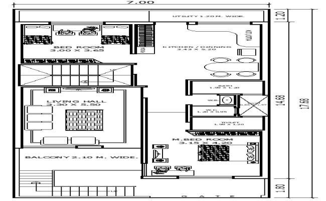 7m×17.68m 2BHK House Plan with Floor Layout in DWG file