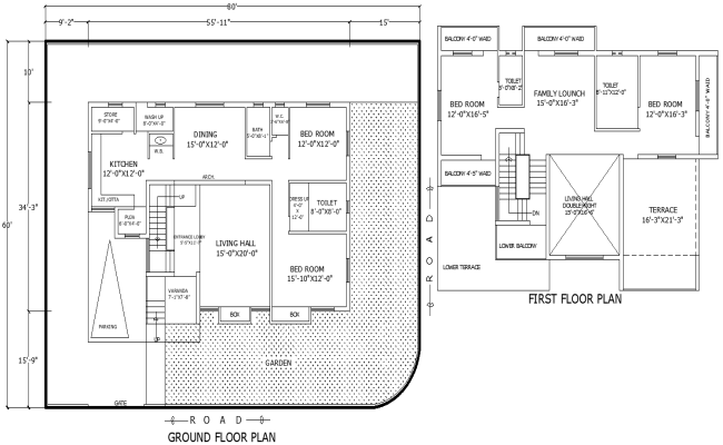 80ft×60ft Two Floor House Plan in AutoCAD DWG Format